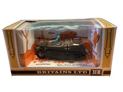 Lot 1722 - Britains (c1974) diecast military vehicles in window boxes including German Scout Car ~ 9783 & Kettenkrad ~ 9780, German Army Dispatch Rider ~ 9679 .