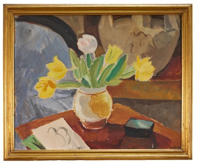 Lot 1320 - Ville Jais-Nielsen (1886-1949) oil on canvas - Still Life Flowers on a Table, signed, 57cm x 71cm, in gilt frame