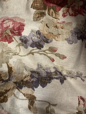 Lot 2591 - Pair of lined and interlined, floral print curtains with pinch pleat headings. Width across the gathered heading 140cms, drop 210cms approximately.