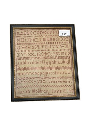 Lot 2531 - Two Victorian samplers, 'Susannah Betts Aged 8 years 1856' with text, insects, flowers and verse and Sarah Woldron June 5 -40, alphabet and numerals and various stitches.