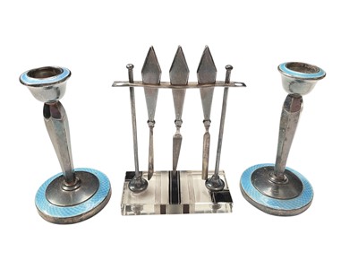 Lot 73 - Pair of 1930s silver and blue guilloché enamel candlesticks (Birmingham 1937), 13cm high, together with a 1930s silver mounted manicure set