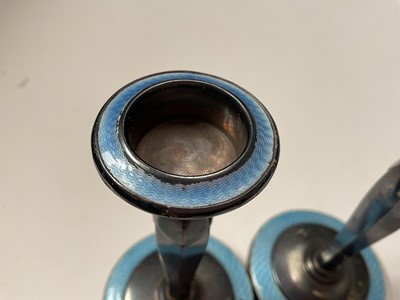 Lot 73 - Pair of 1930s silver and blue guilloché enamel candlesticks (Birmingham 1937), 13cm high, together with a 1930s silver mounted manicure set