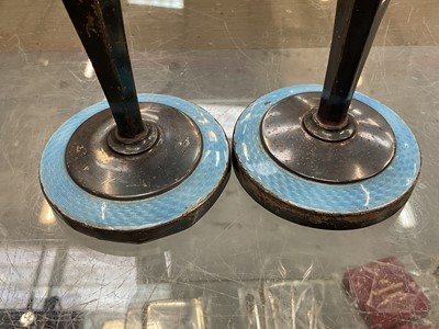 Lot 73 - Pair of 1930s silver and blue guilloché enamel candlesticks (Birmingham 1937), 13cm high, together with a 1930s silver mounted manicure set