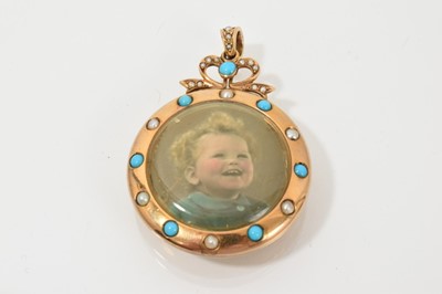 Lot 686 - Edwardian gold locket with turquoise and seed pearls