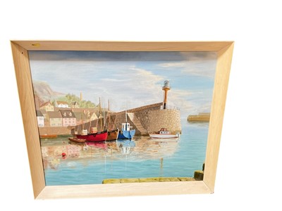 Lot 5269 - Frederick Chaplin Smith (British, b. 1926), oil on boat fishing boats in a harbour.