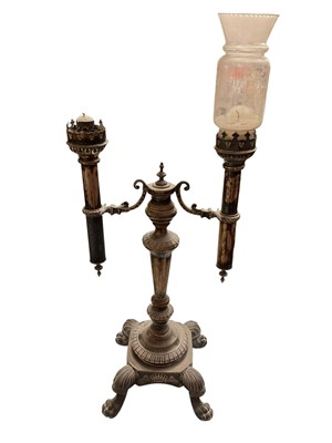 Lot 185 - Victorian plated oil lamp table centre with twin branches and glass shade