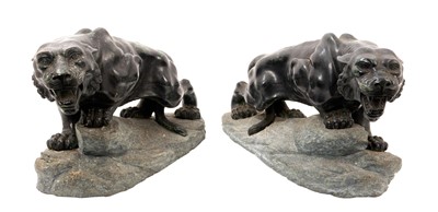 Lot 980 - Impressive pair of bronze prowling panthers, on rocky plinth bases, apparently unsigned