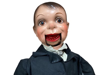 Lot 1850 - Vintage ventriloquist dummy in evening suit, cord pull operated mouth.