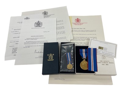 Lot 61 - The Queen's Golden Jubilee medal with miniature, both with original boxes of issue and citation with related ephemera