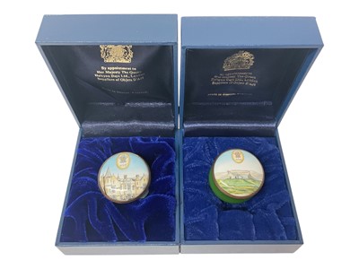 Lot 68 - H.R.H. Prince Charles, Prince of Wales, two Royal presentation Halcyon Days enamel boxes decorated with castles and landscapes