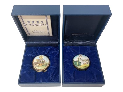 Lot 69 - H.R.H. Prince Charles, Prince of Wales, two Royal presentation Halcyon Days enamel boxes decorated with Royal residences