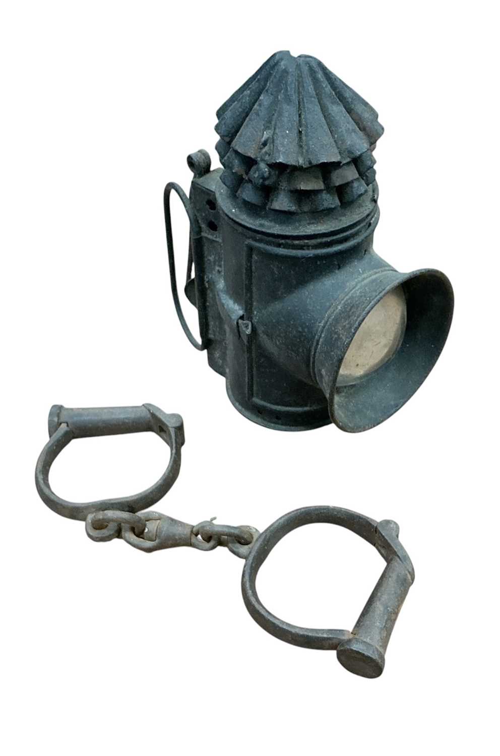 Lot 5012 - Victorian Essex policeman's lamp together with a pair of Victorian police handcuffs (see Essex Countryside Magazine June 1967 Essex Bygones Collection of Rev. P.A. Wright)