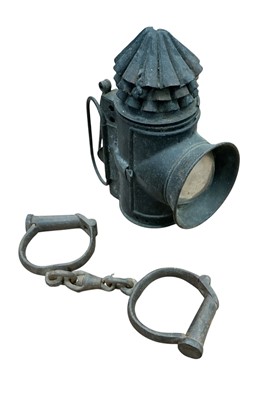 Lot 5012 - Victorian Essex policeman's lamp together with a pair of Victorian police handcuffs (see Essex Countryside Magazine June 1967 Essex Bygones Collection of Rev. P.A. Wright)