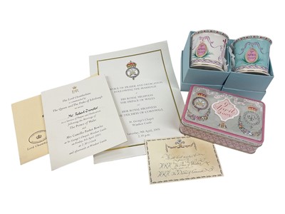 Lot 72 - The Marriage of H.R.H. The Prince of Wales to H.R.H. The Duchess of Cornwall 9th April 2005, piece of wedding cake in tin with card and outer packaging , Service of Prayer and Dedication Order o...