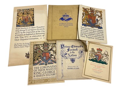 Lot 125 - Scarce 1937 Guildhall Coronation Luncheon, George VI and Queen Elizabeth, given by The Corporation of The City of London. Programme of music and menu (2 items) together with Coronation book