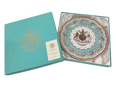 Lot 73 - The 80th Birthday of H.M. Queen Elizabeth II, 21st April 2006, Royal Collection fine bone China limited edition plate decorated with the Royal Arms in box with certificate No.891/1000