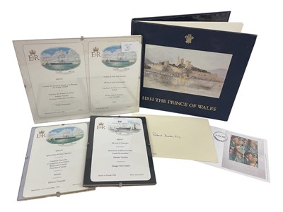 Lot 85 - The Royal Yacht Britannia, four printed 1980s menu cards, book of H.R.H. The Prince of Wales watercolour sketches exhibition 1990 and other ephemera.