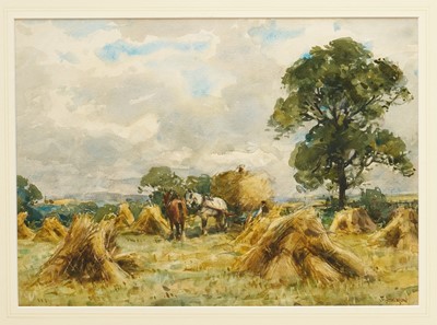 Lot 1256 - John Atkinson, English School watercolour - Harvest Time, signed, 27cm x 37.5cm, in glazed gilt frame