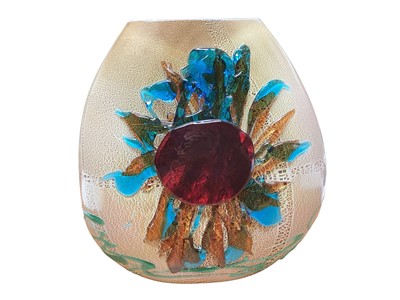 Lot 2218 - Large Murano glass vase, of flattened round form, with applied decoration in blue, green and red, on a mottled ground, signed Costantini to base