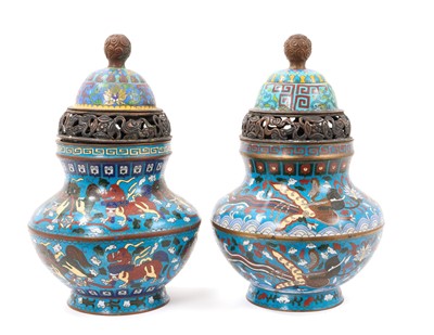 Lot 954 - Large pair of Chinese cloisonné vases and covers, decorated with mythical beasts on a blue ground, 34cm high including covers