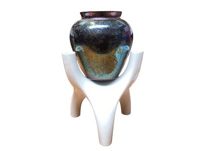 Lot 2223 - Royal Brierley iridescent glass vase, 18cm high, and a Rosenthal 'studio line' white ceramic tripod vase, 24cm high (2)
