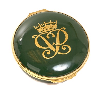Lot 37 - H.R.H. Prince Philip, The Duke of Edinburgh, Royal presentation green enamel circular box