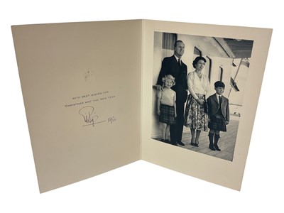 Lot 38 - H.R.H. Prince Philip Duke of Edinburgh, signed 1956 Christmas card with gilt crown to cover