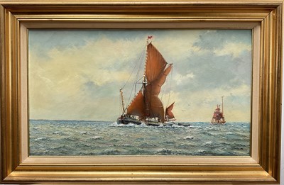 Lot 161 - Colin Moore, 'Up Swim', oil on canvas, A barge off the old Maplin Lighthouse, signed, 59cm x 34cm, gilt frame