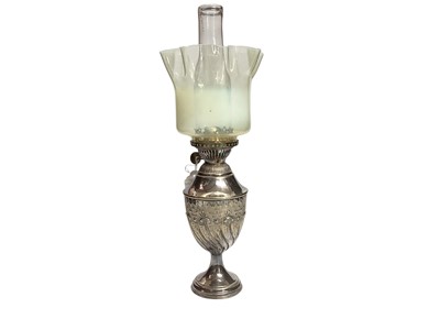 Lot 2937 - Antique silver plated oil lamp by Mappin Brothers, with floral decoration in relief, yellow Vaseline glass shade, 30cm high excluding chimney