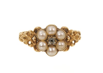 Lot 649 - Regency gold diamond and seed pearl flower cluster ring