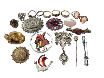 Lot 68 - Norwegian silver and enamel Viking ship brooch, other vintage brooches, silver dress rings and costume jewellery