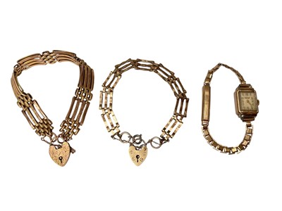 Lot 70 - Two 9ct gold gate bracelets with padlock clasps and vintage 9ct gold cased ladies' Rotary wristwatch on plated bracelet (3)