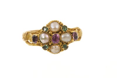 Lot 650 - Regency gold seed pearl and gem set flower head ring
