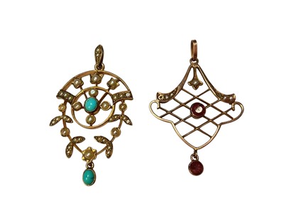 Lot 22 - Edwardian 9ct gold seed pearl and turquoise open work pendant and a similar 9ct gold seed pearl and gem set pendant (2)