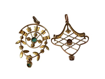 Lot 22 - Edwardian 9ct gold seed pearl and turquoise open work pendant and a similar 9ct gold seed pearl and gem set pendant (2)