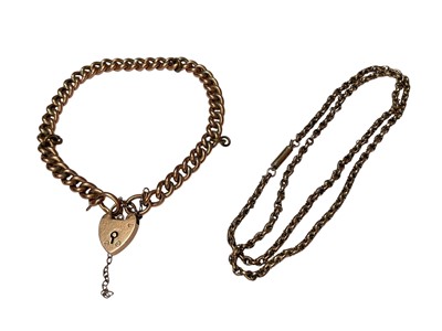 Lot 23 - Victorian 9ct gold chain with barrel clasp and 9ct rose gold curb link bracelet with padlock clasp (2)