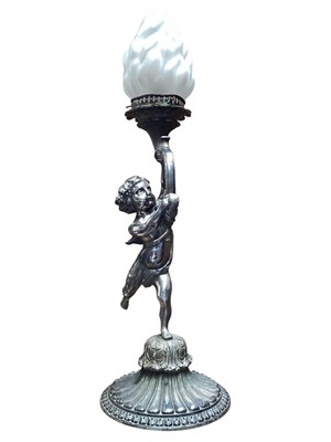 Lot 2957 - Edwardian plated electric table lamp with cherub support and moulded glass flame shade