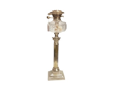 Lot 2941 - Edwardian silver plated Corinthian column oil lamp with cut glass reservoir