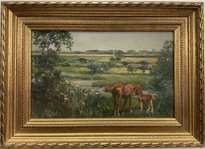 Lot 105 - After Munnings (1878-1859) oil on canvas, Suffolk Punch and foal in a landscape, 18cm x 29cm, gilt frame