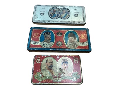 Lot 3024 - Two Edward VII 1902 Coronation commemorative chocolate tins, both with original contents, together with a George V 1935 Silver Jubilee chocolate tin, also with original contents, (3).