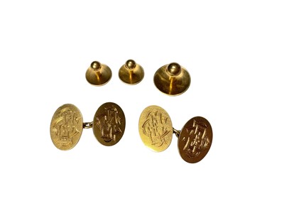 Lot 180 - Pair of 18ct gold cufflinks with engraved monogram and three 18ct gold studs
