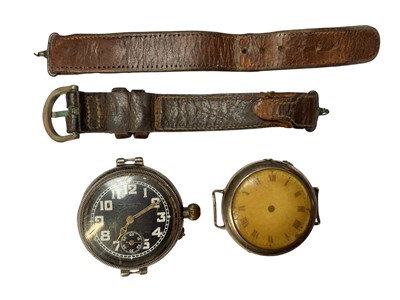 Lot 182 - Mackay & Chisholm, Edinburgh silver cased trench watch with black dial, together with an Edwardian silver cased watch and a brown leather strap