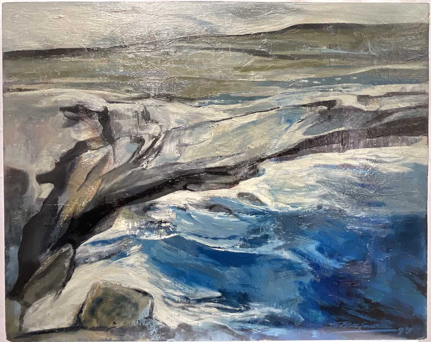 Lot 63 - Rita Smith oil on board - Seacaves Inishmore, signed and dated 1975, 60cm x 76cm, unframed