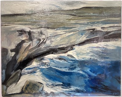 Lot 63 - Rita Smith oil on board - Seacaves Inishmore, signed and dated 1975, 60cm x 76cm, unframed