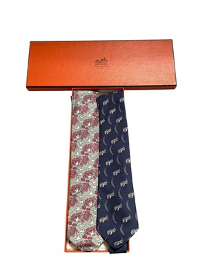 Lot 2551 - Two Hermès silk ties, silver dove 7291 EA and 7279 MA blue squirrel, in one box
