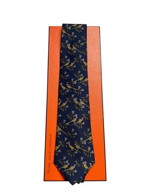 Lot 2505 - Hermès silk tie, blue and green pheasant 7274 MA, boxed