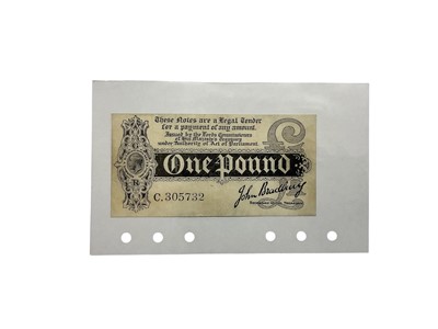 Lot 421 - G.B. - Treasury Black Print One Pound First Bradbury issue banknote (Aug 1914) prefix C (with dot) (N.B. Some light staining, with red print on reverse) otherwise GF (1 banknote)
