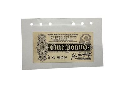 Lot 422 - G.B. - Treasury Black Print One Pound, First Bradbury Issue Banknote (Aug 1914), prefix A over 17, (with dot) (N.B. Some creases) otherwise GF (1 banknote)