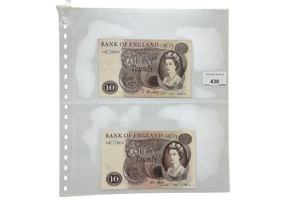 Lot 525 - G.B. - Mixed Bank of England Ten Pound banknotes to include Hollom prefix A03 (Feb 1964) VF, Fforde prefix A95 (Jan 1967) (N.B. Two light creases centre left) otherwise GVF-AEF and very scarce,...