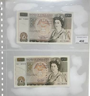 Lot 527 - G.B. - Mixed Bank of England Fifty Pound banknotes to include Somerset - prefix A01 (March 1981) AU & Scarce, Gill - prefix D41 (July 1988) AEF, Kentfield - prefix E30 Serial No. 999591 (Nov...